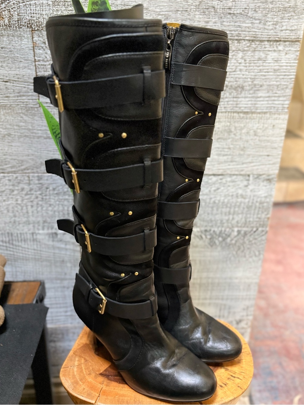 Ted Baker | Leather Knee-High Strappy Buckle Boots - Women's US 7 UK 5, Black